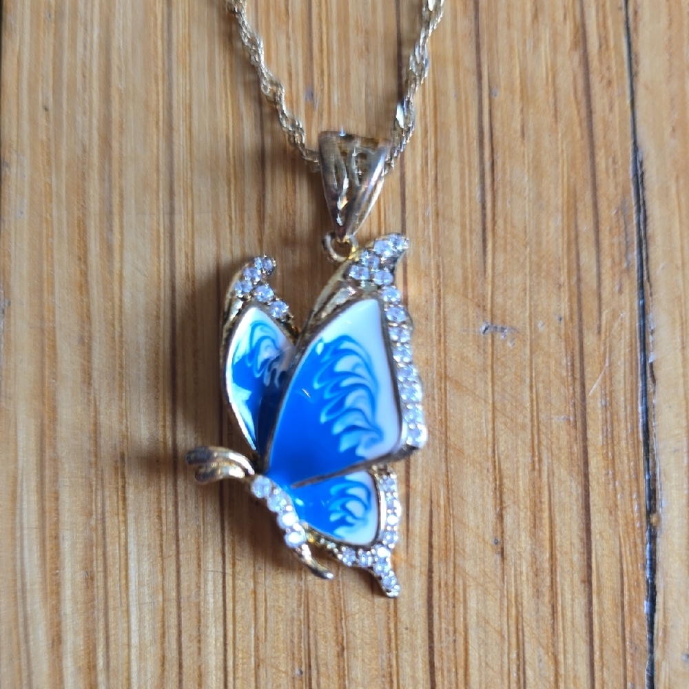 NWT, Gold Plated 925, Blue & White Enamel Butterfly Necklace, 18"